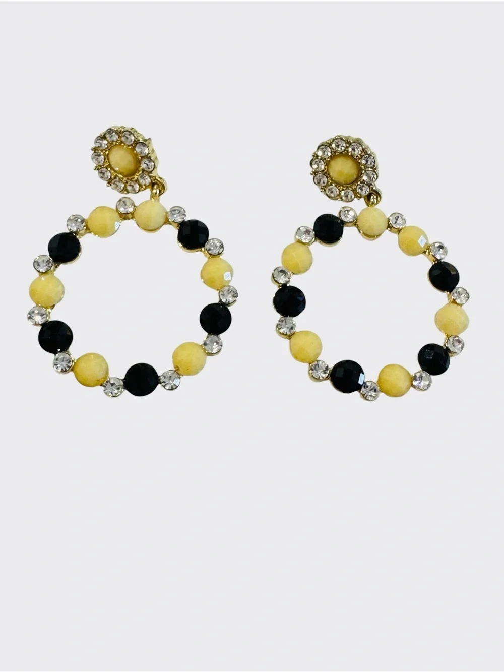 Amrita Singh Gold Tone Beaded Hoop Statement Earrings Black Yellow Rhinestone